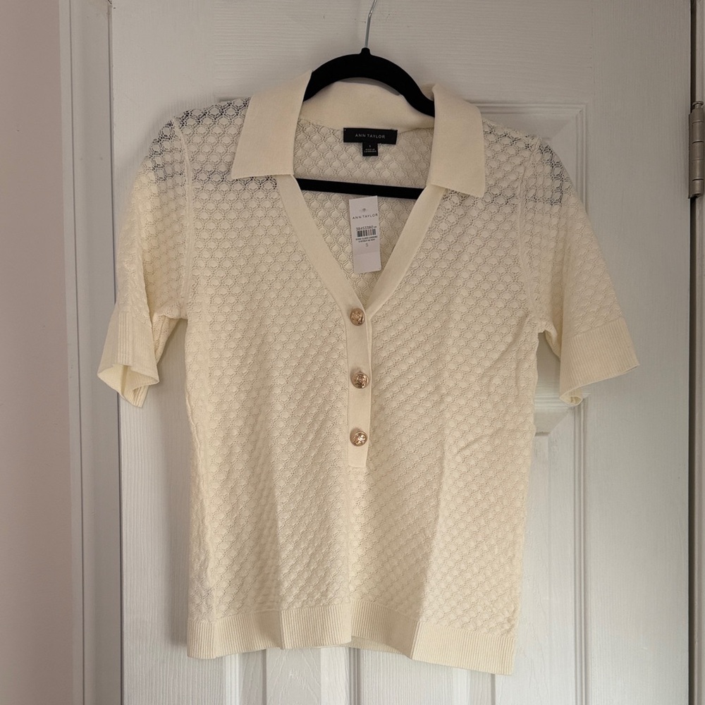 Ann Taylor Cream Button Down Knit Top